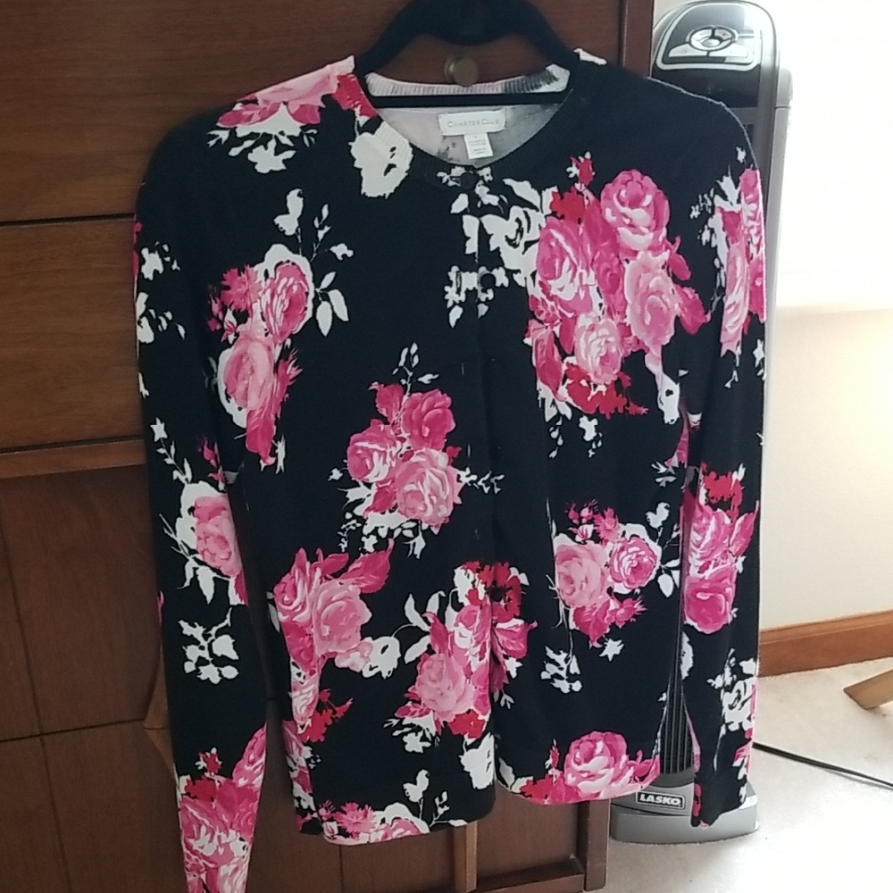 Charter Club Black and Pink Floral Sweater Size Small